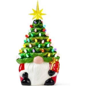 12 Gnome Ceramic Tree, Light Up Tabletop Xmas Decor With 60 LED Lights, Ceramic Tree With Christmas Themed Design, Xmas Holiday Indoor Office Table Fireplace Decoration