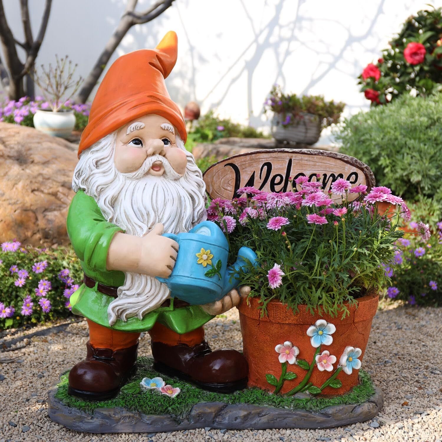 Large Outdoor Gnome Planter Statue with Welcome Sign – 27.5-Inch Resin Yard Sculpture - Image 3