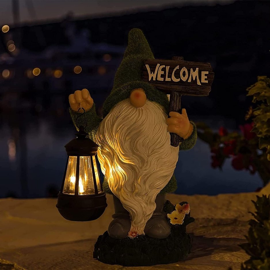 Solar Garden Gnome Statue with Lantern & Welcome Sign - 13" Flocked Resin Decor - Image 4