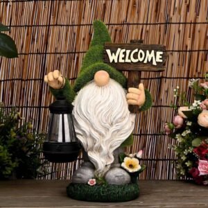 Solar garden gnome statue holding a lantern and welcome sign made of flocked resin