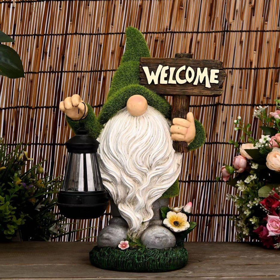 Solar Garden Gnome Statue with Lantern & Welcome Sign - 13" Flocked Resin Decor - Image 2