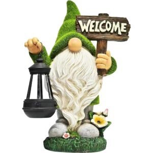 Solar Garden Gnome Statue with Lantern & Welcome Sign - 13" Flocked Resin Decor