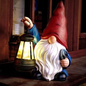 Garden gnome statue outdoor decor with shovel and solar powered LED lantern