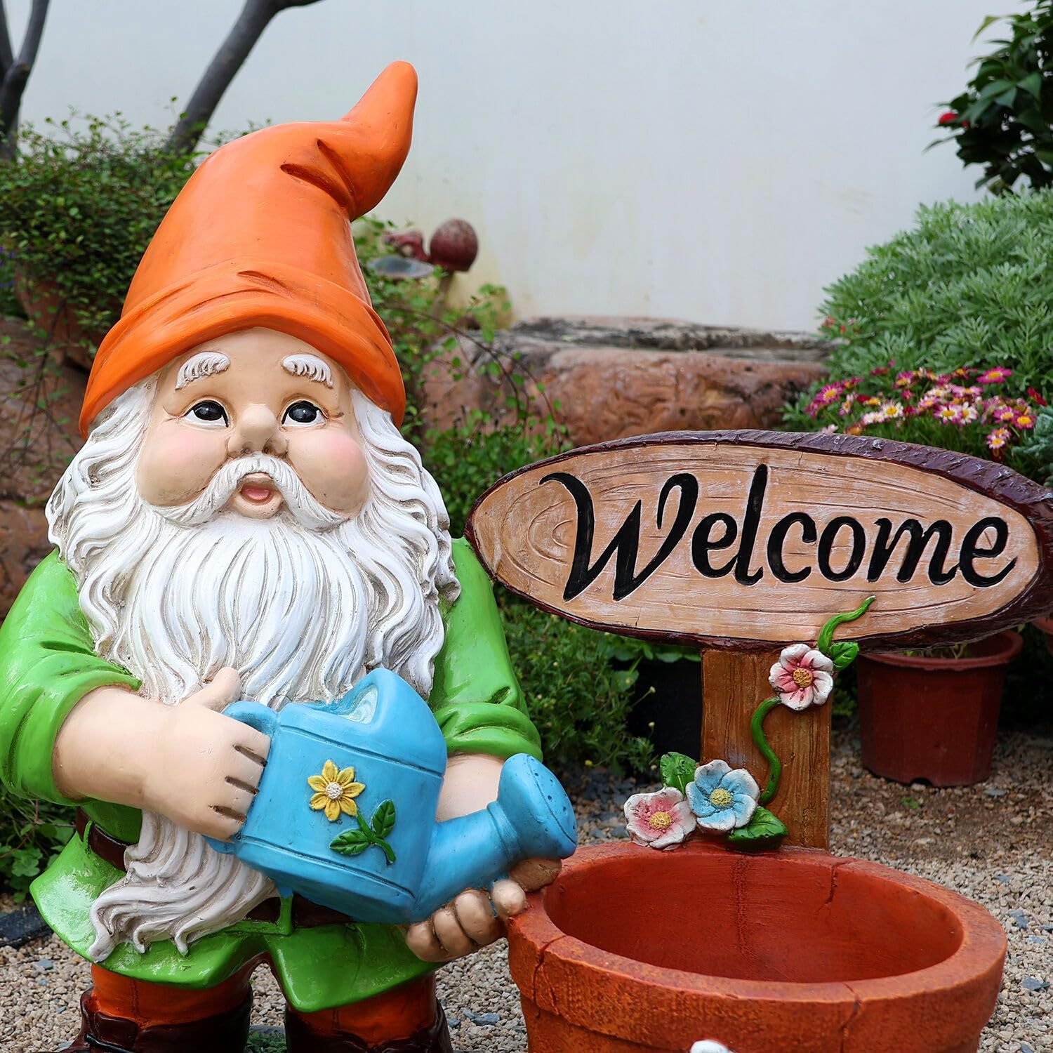 Large Outdoor Gnome Planter Statue with Welcome Sign – 27.5-Inch Resin Yard Sculpture - Image 6