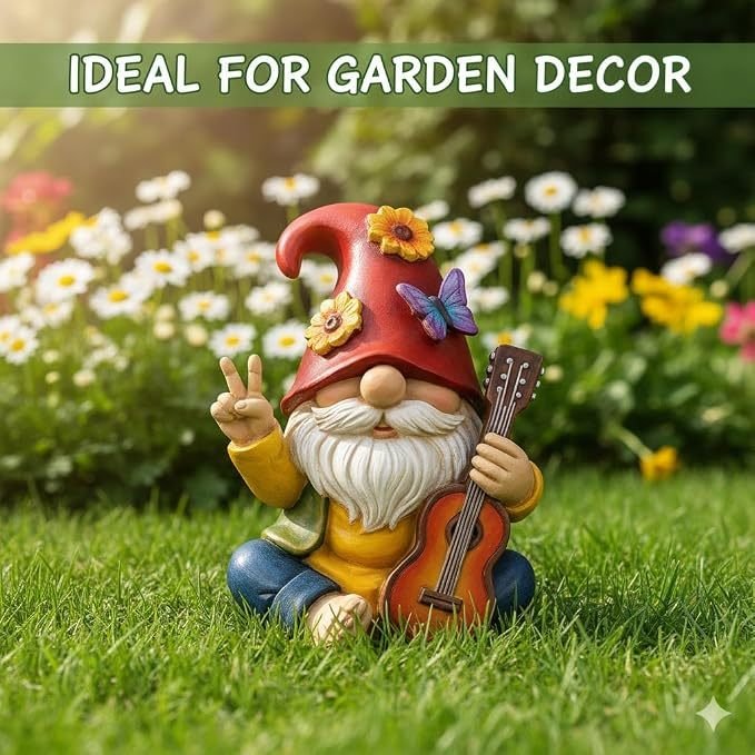 Rock & Peace Guitar Playing Garden Gnome Resin Statue - Image 2