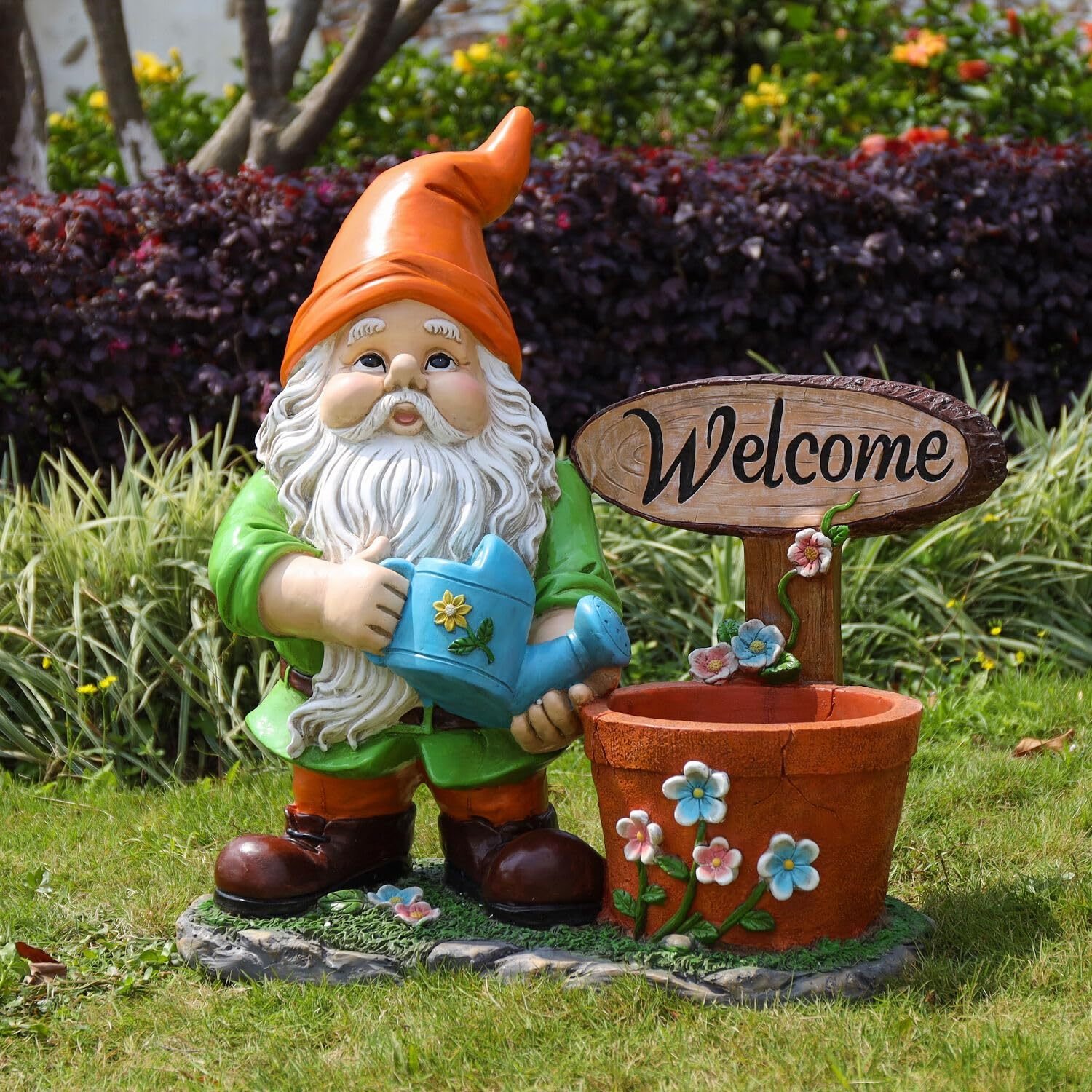 Large Outdoor Gnome Planter Statue with Welcome Sign – 27.5-Inch Resin Yard Sculpture