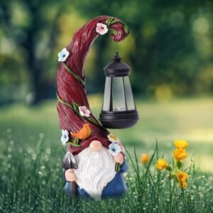 Gnome garden decor statue with solar lantern light displayed outdoors