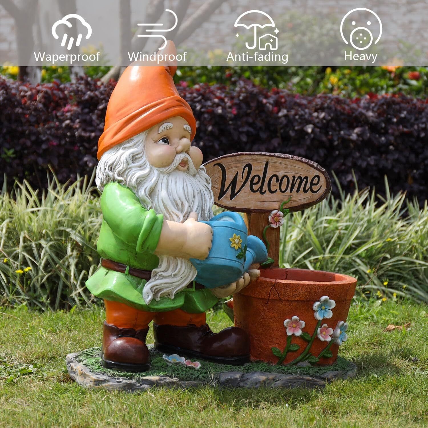 Large Outdoor Gnome Planter Statue with Welcome Sign – 27.5-Inch Resin Yard Sculpture - Image 5