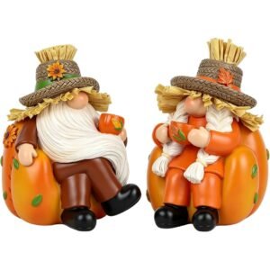 Fall Thanksgiving Gnome Figurines 2 PCS Autumn Harvest Pumpkin Decorations Tabletop Home Decor Indoor Holiday Collectible Statue For Women Men Kids