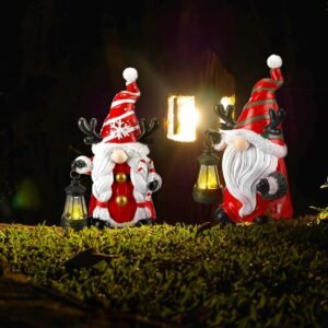 Two 9.4-inch solar Christmas gnome statues holding illuminated LED lanterns