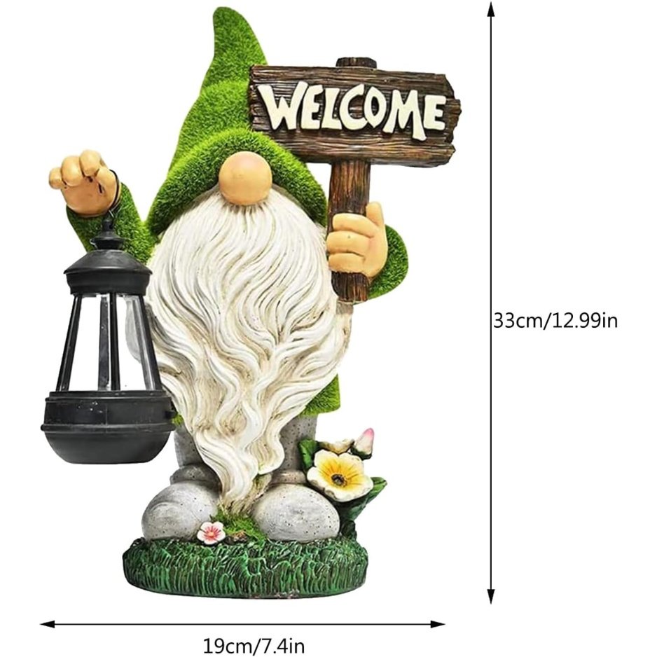 Solar Garden Gnome Statue with Lantern & Welcome Sign - 13" Flocked Resin Decor - Image 5