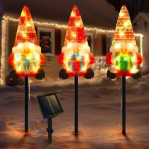 Set Of 3 Solar Christmas Decorations, 8 Modes Solar Pathway Stakes Lights, Outdoor Christmas Gnome Lights Decor For Garden