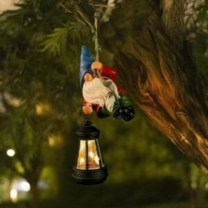 Solar Hanging Climbing Gnome Garden Statue With Lantern, Funny Outdoor Decor For Yard, Porch, Tree, Wall And Fence
