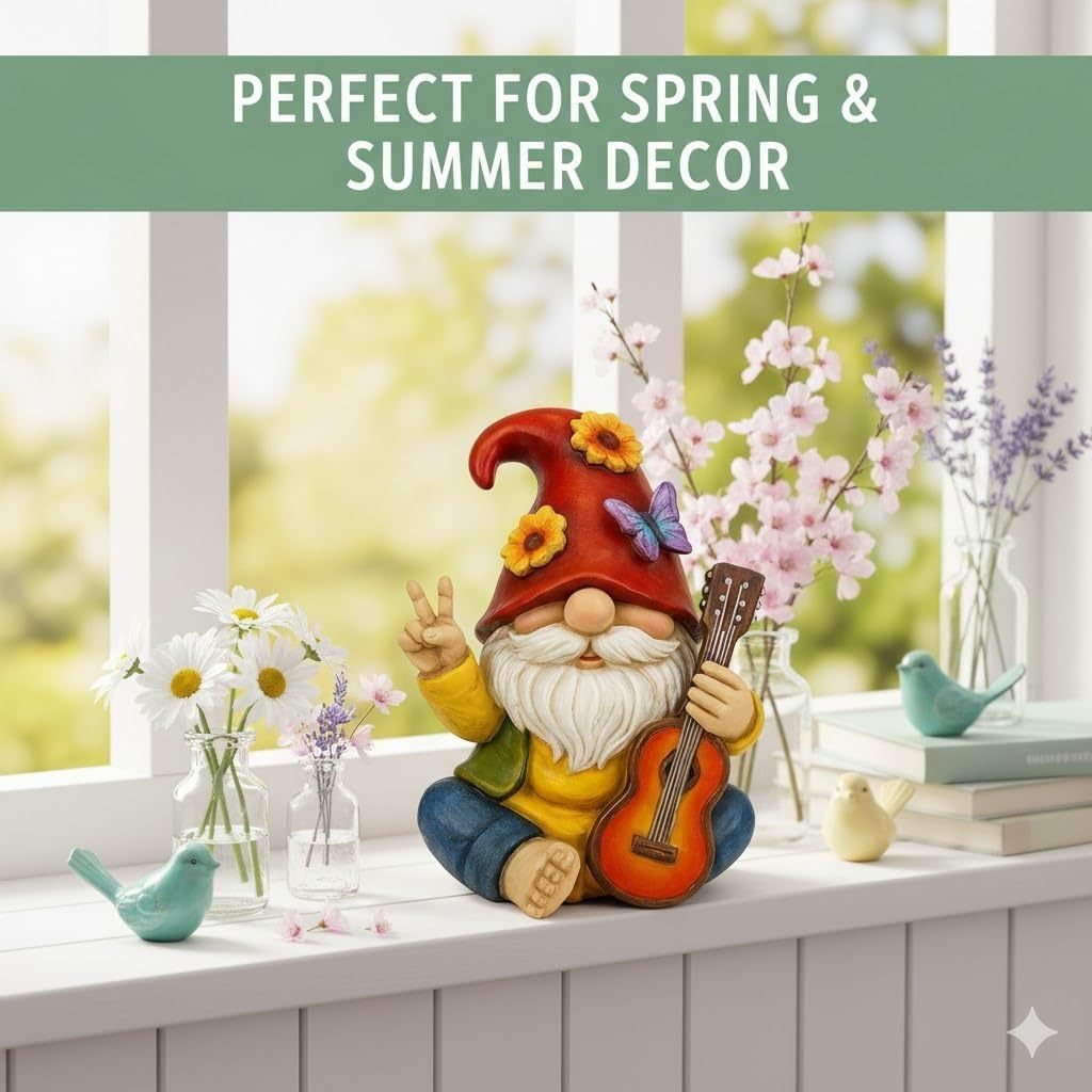 Rock & Peace Guitar Playing Garden Gnome Resin Statue - Image 3