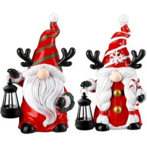 2-Piece 9.4-Inch Solar Christmas Gnome Statues with LED Lanterns