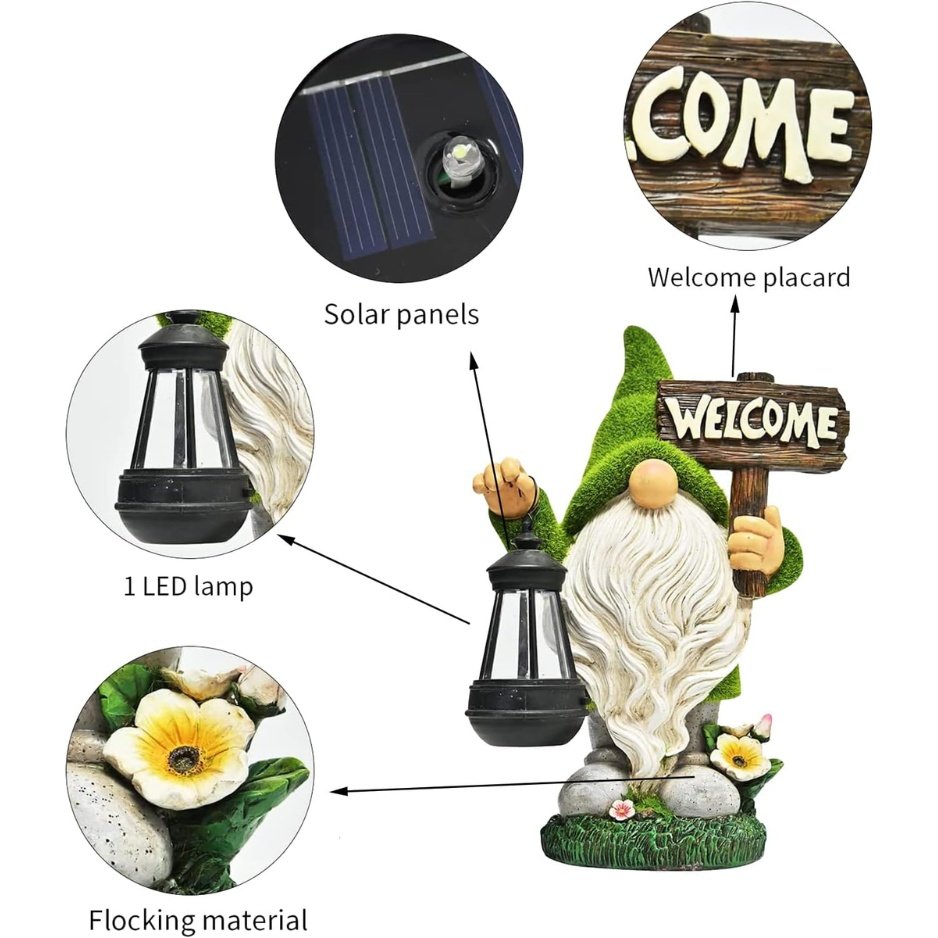 Solar Garden Gnome Statue with Lantern & Welcome Sign - 13" Flocked Resin Decor - Image 3